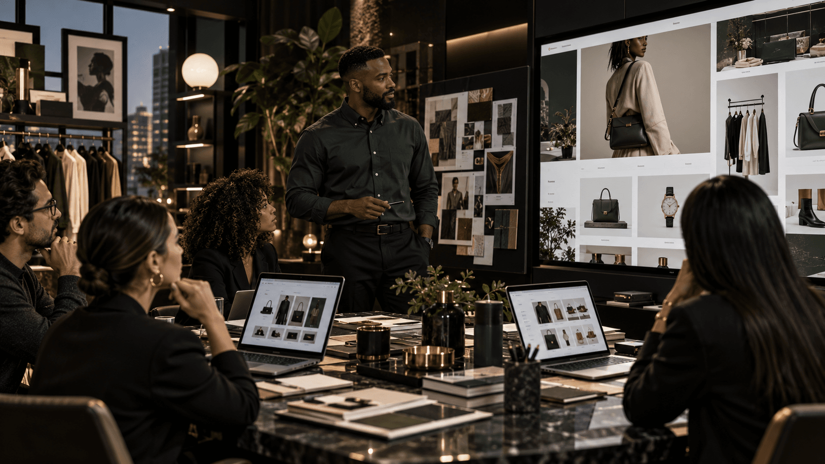 Creative e-commerce team reviewing a premium branded storefront and product presentation