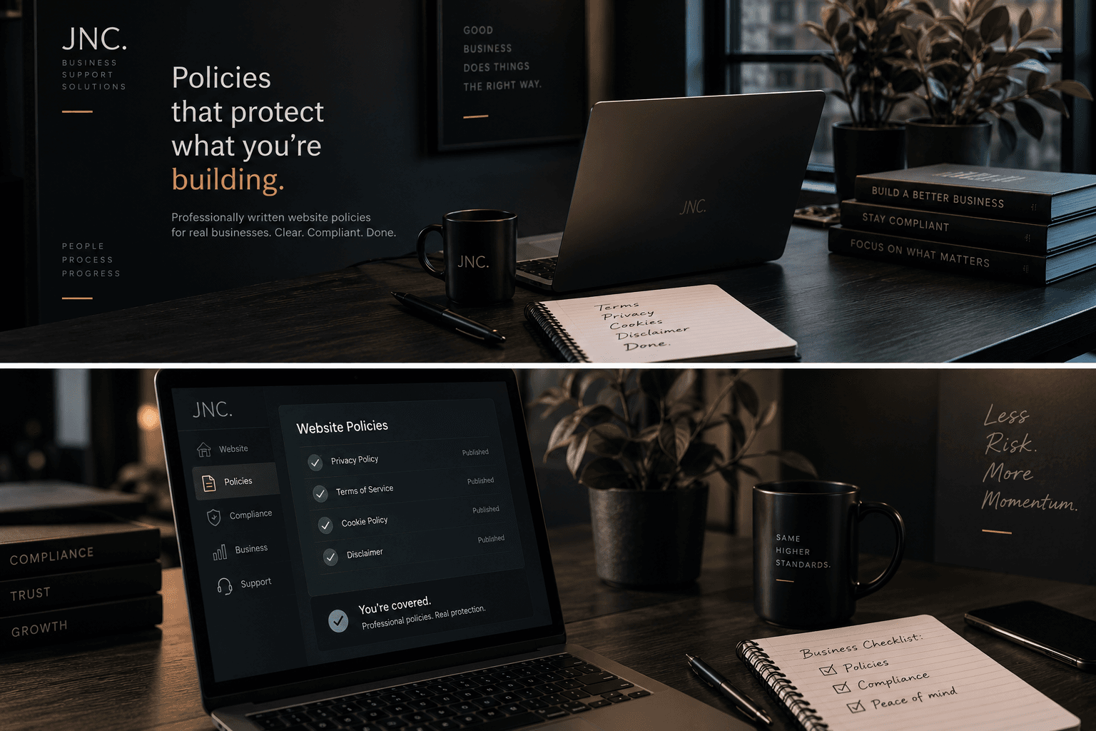 Business owner reviewing website privacy and policy information in a professional workspace